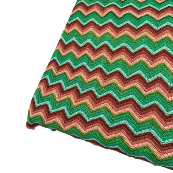 Vintage Handmade Afghan Crochet Blanket Green Mauve Ivory Granny Chevron 68x86 - Picture 4 of 9